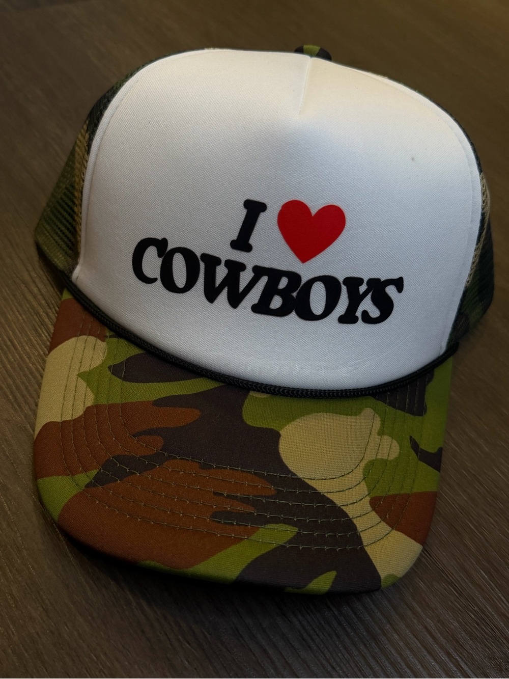 I Heart Cowboys Trucker Hat - White Front with Camouflage Bill